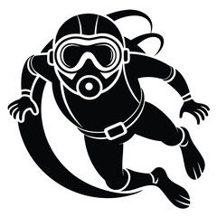 Black and White Scuba Diver Icon, Snorkeling Silhouette, Diving Deep, Isolated Design