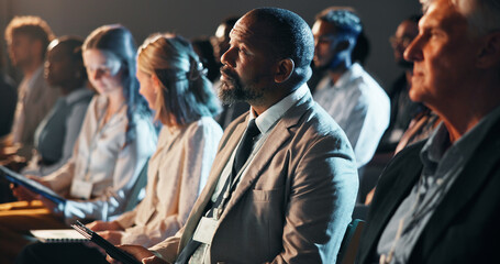 Business people, audience and man with tablet at convention for career expo, finance speech and...