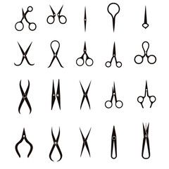 icon sheet, simple shapes, scissors icons, white background