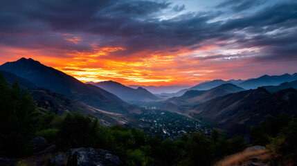 Obraz premium A spectacular orange sunset illuminating the mountain peaks and casting a tranquil glow over the valley below.