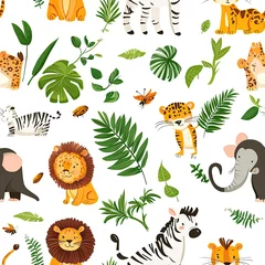 Jungle Animals Seamless Pattern: Adorable Wildlife Illustration with Tropical Plants