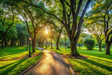 Fototapeta premium Serene Park Path: Winding Sandy Trail Through Lush Green Lawns, Shaded by Tall Trees