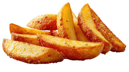 Golden Potato Wedges: A close-up of crispy golden potato wedges, seasoned with herbs and spices, ready to be devoured. The glistening edges and a hint of steam add a mouthwatering appeal. 