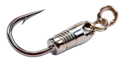 Fishing Hook with Swivel: A close-up image of a shiny metal fishing hook with swivel, isolated on a white background. The hook has a sharp point, a curved shank.