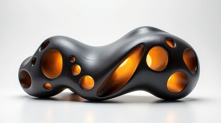 3D Rendering of a black abstract sculpture with shining yellow holes . the sculpture is made of a shiny, glossy material and appears to be made of glass or a similar material.