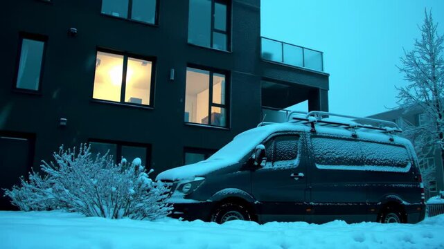 A delivery van covered in snow is parked outside a modern apartment building during a winter night snowfall, windows glowing warmly. For urban winter, logistics, or weather concepts. 