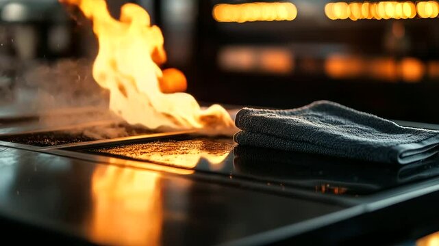 An out-of-control kitchen fire spreads across the stovetop, as utensils and towels lie dangerously close to the blaze. A visual metaphor for the thin line between daily routine and