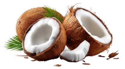 Tropical Coconut Composition: A studio shot showcasing freshly cracked coconuts, revealing their refreshing interior and verdant fronds, against a bright backdrop, evoking feelings of tropical escape.