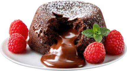 Molten Chocolate Cake Delight: A close-up shot reveals a delicious chocolate lava cake, its warm, flowing chocolate center tempting the viewer, enhanced by fresh raspberries and mint.