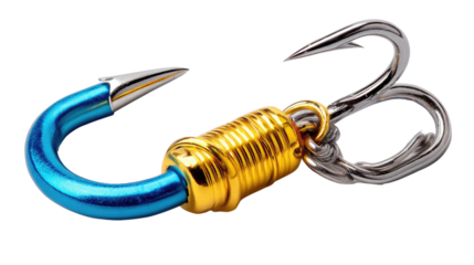 Fishing Hook: A detailed shot of fishing hook to capture the allure of angling, revealing the sharp point and curve of the hook against a clean backdrop.