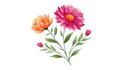 Pink and Orange Flower Bouquet Illustration - Delicate watercolor illustration of pink and orange flowers, symbolizing beauty, nature, growth, spring, and vibrancy