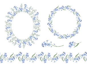 Set of blue forget-me-nots, white lilies of the valley. Watercolor set of frame, wreath and seamless border, suitable for eco branding, packaging, cards, wedding designs, botanical projects.
