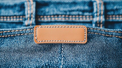 Closeup of blue jeans with blank leather label denim fabric detailed texture studio setting macro perspective fashion concept