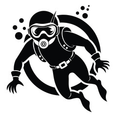 Scuba Diver Silhouette with Bubbles in Isolated on White