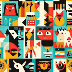 Vibrant Geometric Animal Mosaic: A Colorful Collage of Abstract Creatures