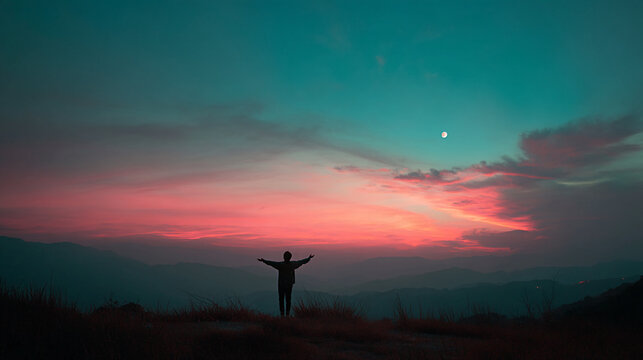Silhouette of person with arms outstretched, watching sunset over mountain range with moon visible in teal sky. Represents freedom, peace, serenity