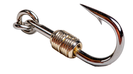 Fishing Hook close up shot: A gleaming, silver fishing hook, captured in high detail, poised for the thrill of the catch. Evoking a sense of anticipation and the silent dance between angler and prey.