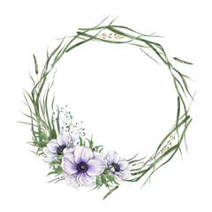 Floral wreath of soft purple anemones, green meadow grasses, dried flowers. Watercolor botanical spring illustration is perfect for eco-branding, cards, wedding design, botanical projects, floristry.