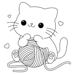 Cute Kitten Playing with Yarn Ball Outline for Coloring Book – Adorable Cat Character, Kids Art Activity, Early Learning Fun, Printable Animal Illustration, Relaxing DIY Craft for Children

