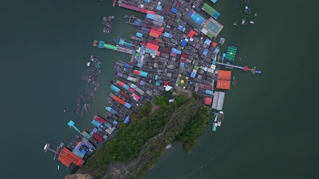 Koh Panyi floating homes seen from the sky, Thailand. Aerial drone video