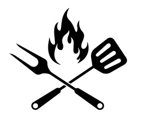 Minimalist Silhouette of Grilling Tools with Flame Icon, Crossed BBQ Fork, Spatula, Outdoor Cooking, Summer Grilling, Backyard Barbecue, Culinary Fire, Food Event Branding