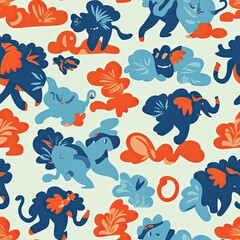 Whimsical Elephant and Creature Pattern: A Playful Textile Design Featuring Stylized Animals and Floral Elements in Vibrant Blue, Orange, and Cream