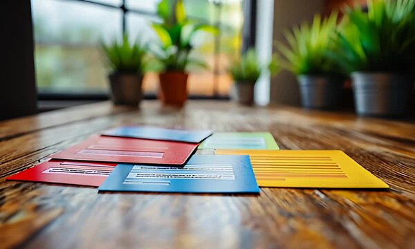 Colorful brochures on wooden table with blurred plants background