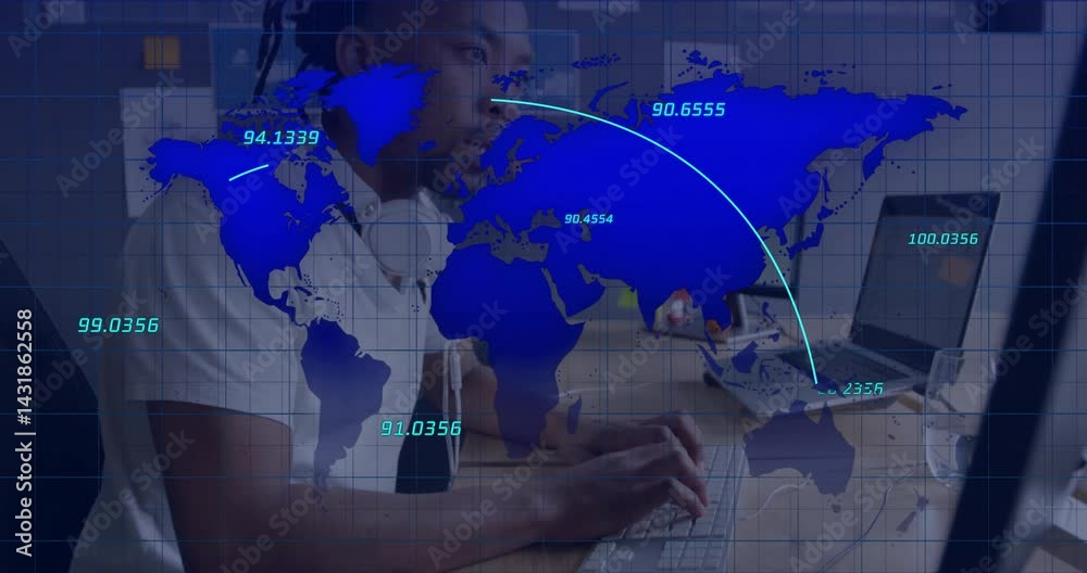 Poster it professional typing at tech office desk, displaying semi-transparent world map with numeric data