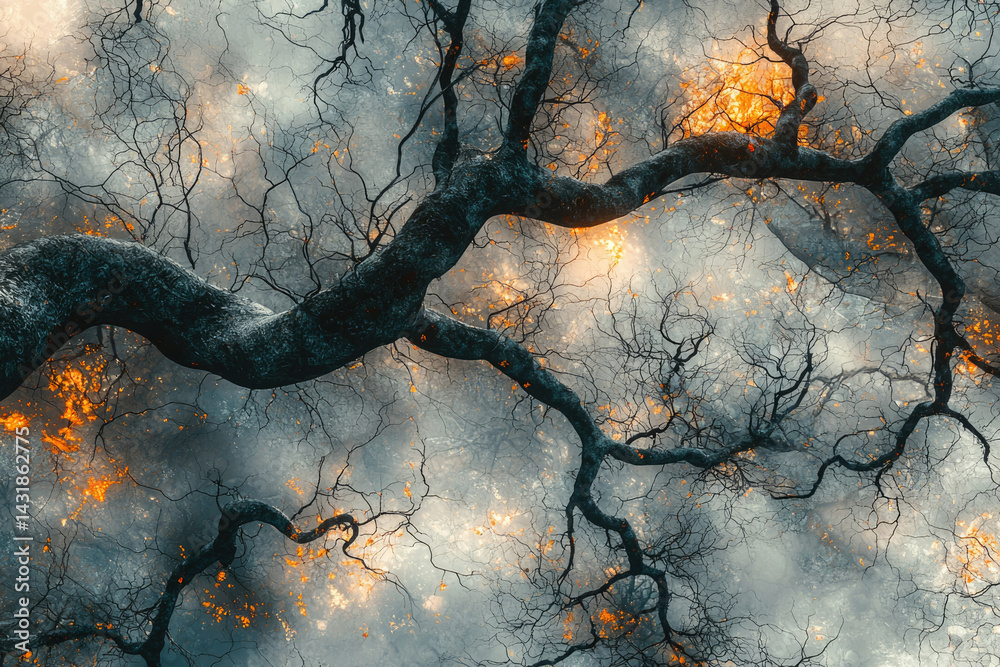 Poster A surreal view of a forest canopy with dark, gnarled branches and hints of fiery orange light.