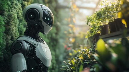 Futuristic bot tending smart plants