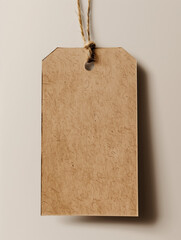 Simple kraft paper tag mockup with rope, isolated on neutral background, great for branding, packaging, or price tag presentations