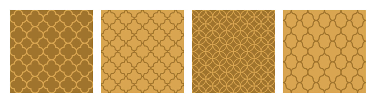 Set of four seamless Islamic geometric patterns in warm gold tones. Traditional Arabic ornament backgrounds ideal for design, textile, and decorative use.