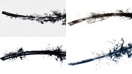 Abstract katana sword designs with ink splashes.