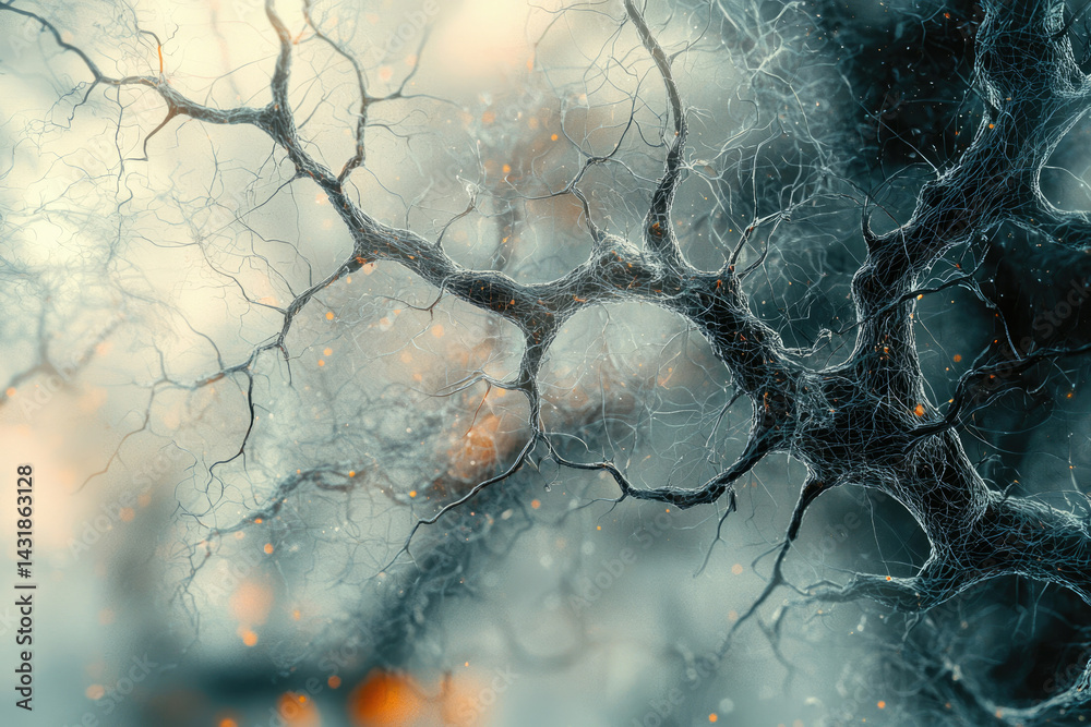 Poster Microscopic view of a complex neural network, intricate branching structure, signifying brain connectivity.