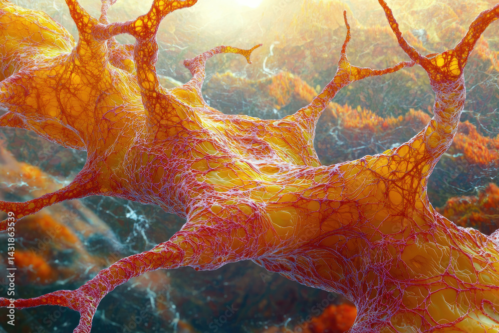 Poster Microscopic view of a complex, branching, orange and red neural network or similar biological structure.