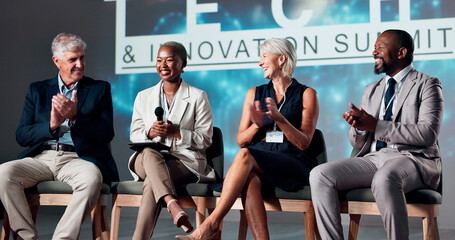 Happy people, speaker and seminar with applause for presentation or innovation at workshop. Group,...