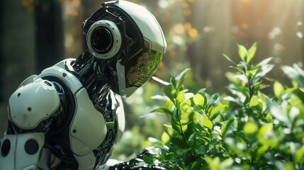 Futuristic bot tending smart plants