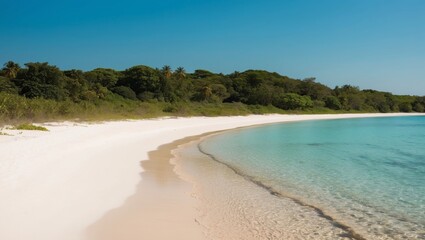 Secluded white sand beach with clear water and lush jungle under bright morning sun