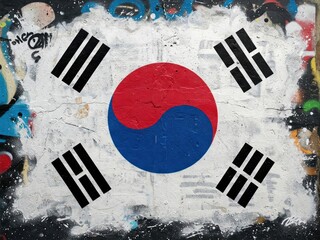 A colorful graffiti mural of the South Korean flag on a street wall, featuring the red and blue yin-yang symbol and black trigrams, with rough spray paint and dripping edges