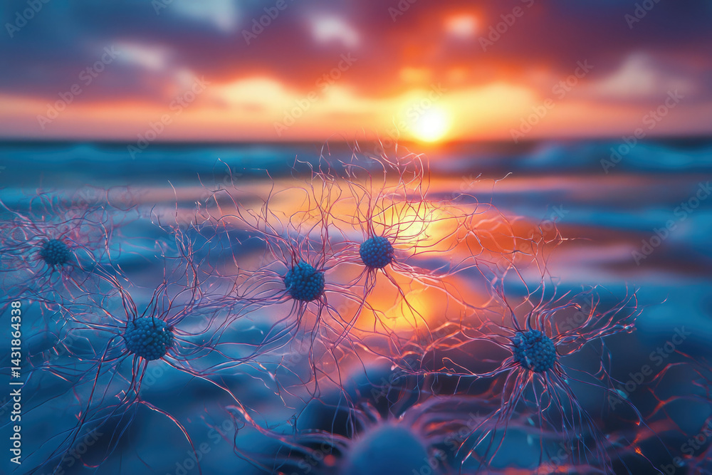 Poster microscopic view of neurons at sunset, showcasing intricate neural networks against a vibrant backdr