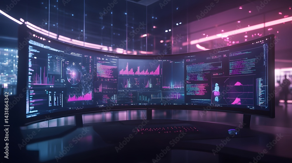 Poster a futuristic curved monitor displays complex data visualizations and code, illuminating a modern wor