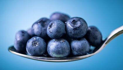 close up of fresh blueberries piled on a silver spoon against a soft blue background highlighting the deep purple hues and textures of the berries