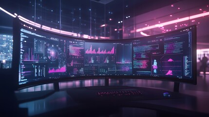 A futuristic curved monitor displays complex data visualizations and code, illuminating a modern workspace with vibrant pink and blue hues.