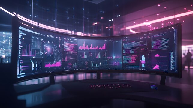 A futuristic curved monitor displays complex data visualizations and code, illuminating a modern workspace with vibrant pink and blue hues. - Powered by Adobe
