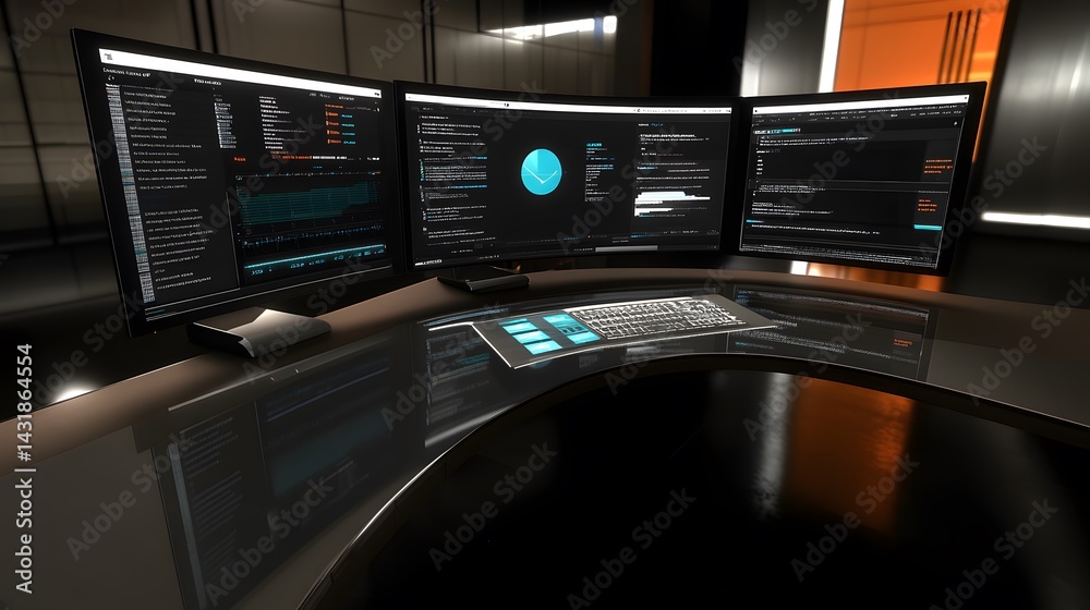 Aufkleber a sleek, modern workspace featuring three large monitors displaying complex data and code. a futuris