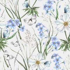 Wild flowers and grass, blue forget-me-nots, white anemones and butterflies. Watercolor botanical seamless pattern on grey background. For branding and packaging, flower shops, weddings, eco-products.