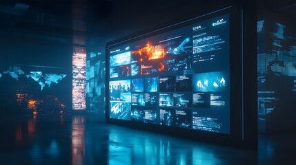 Futuristic digital display wall showcases global data streams, maps, and code, creating a cyberpunk-like atmosphere.  Bright blue and orange hues illuminate the sleek, dark environment.