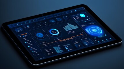 Futuristic tablet display showcasing interactive dashboards with dynamic data visualizations, charts, and graphs.  Sleek, dark interface with glowing blue accents.