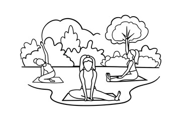 Line art illustration of women practicing yoga outdoors in nature on exercise mats for wellness and relaxation