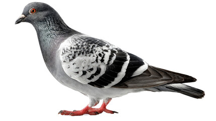 Fototapeta premium Urban Pigeon Portrait: A detailed studio shot of a common urban pigeon, showcasing the intricate beauty of its feathers, vibrant red feet, and sharp eye.